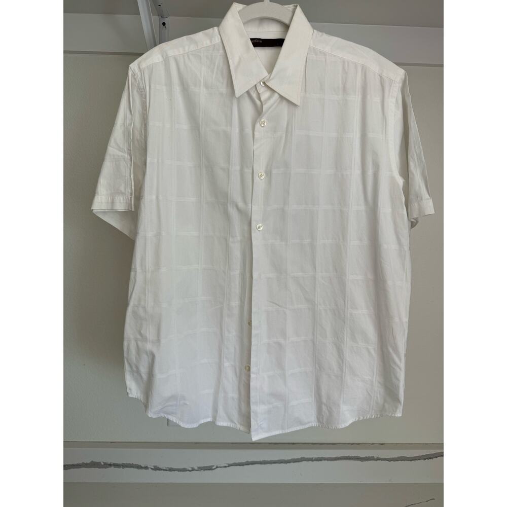 Perry Ellis Men's‎ Polo Button-Down White Embroidered Plaid Size Large